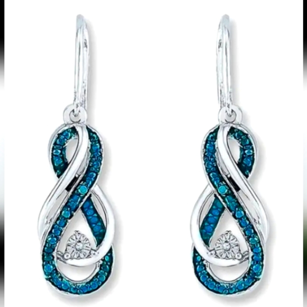 STERLING INFINITY DANGLE EARRINGS BLUE & WHITE TOPAZ 1 IN